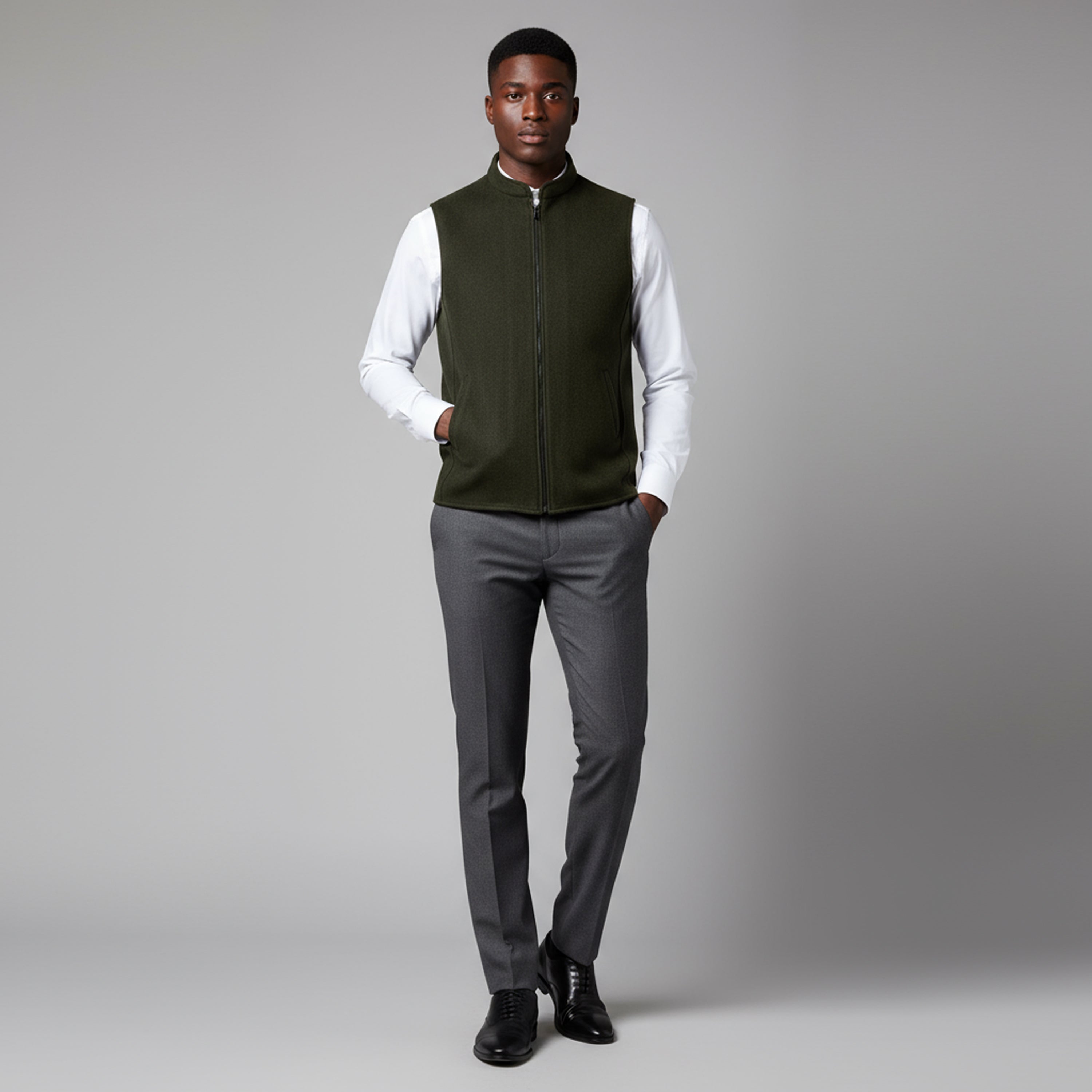 ARC PANEL ZIP WAISTCOAT – OLIVE GREEN