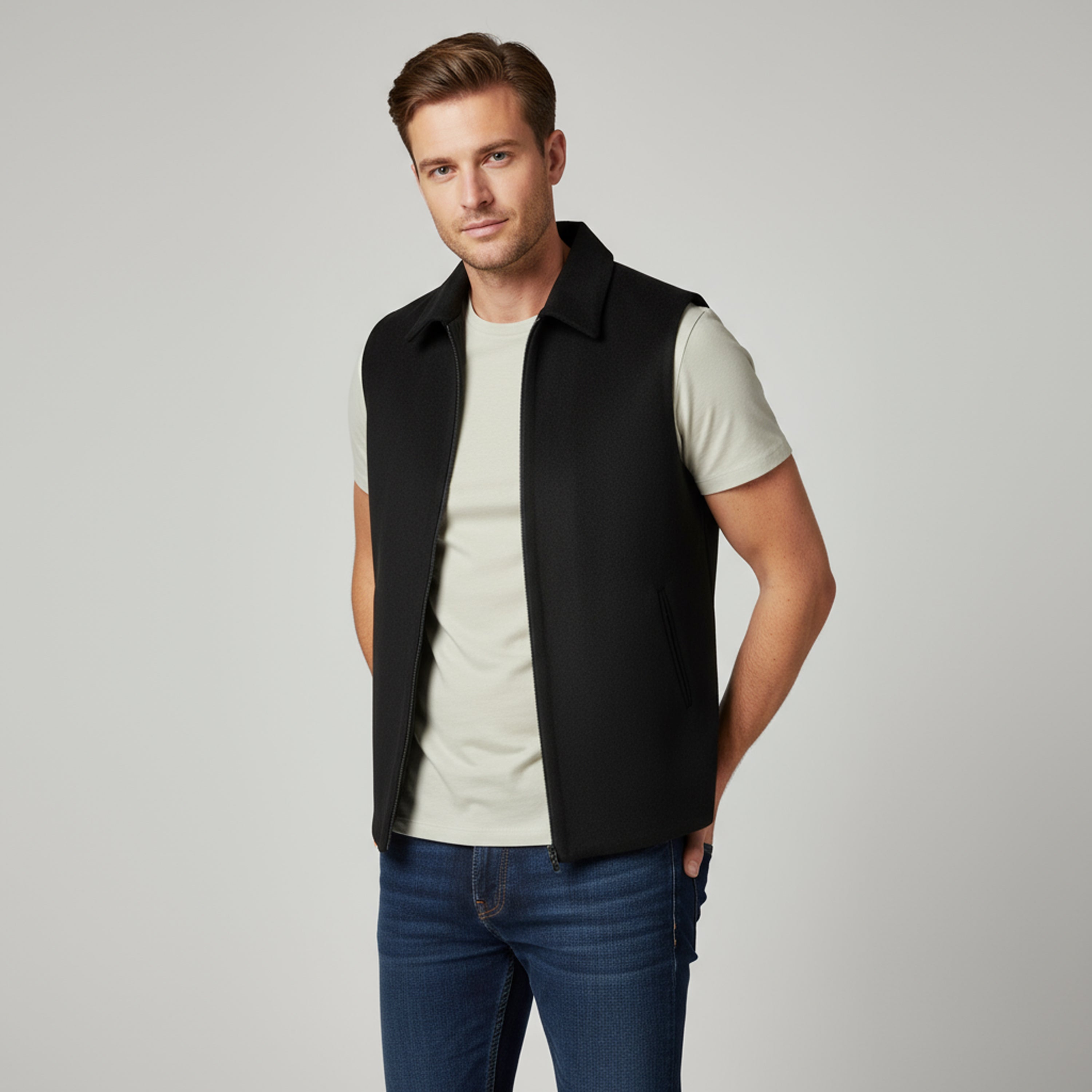 COLLARED LAYERING ZIP WAISTCOAT – CLASSIC BLACK