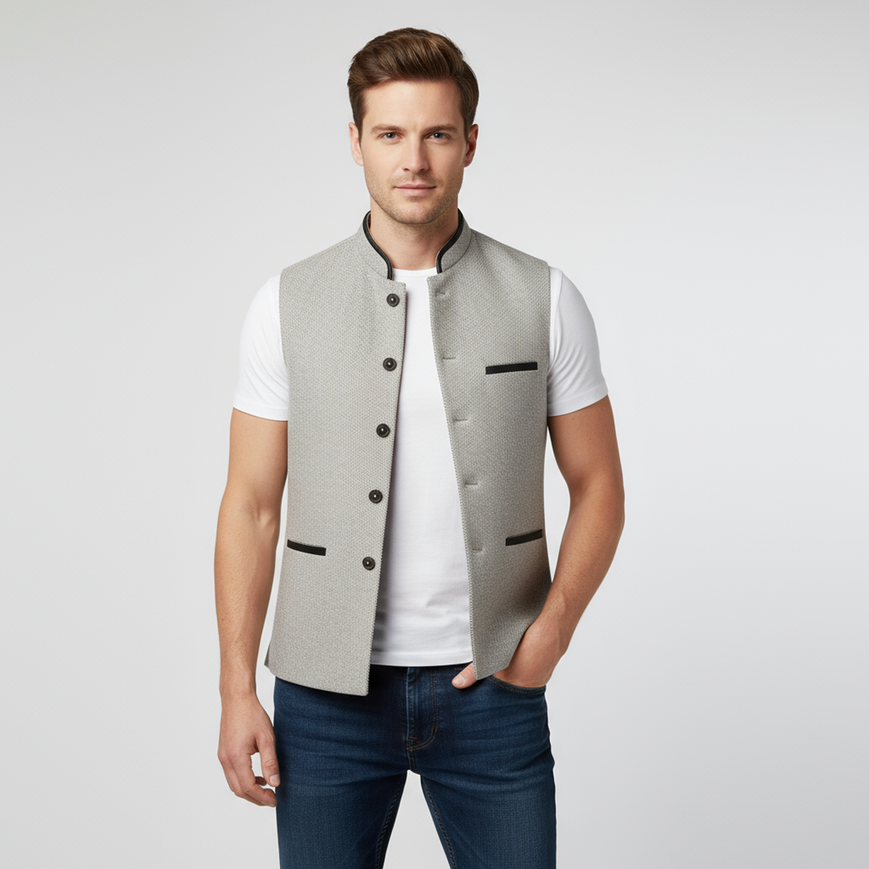 CONTRAST TRIM WAISTCOAT – BEIGE SAND