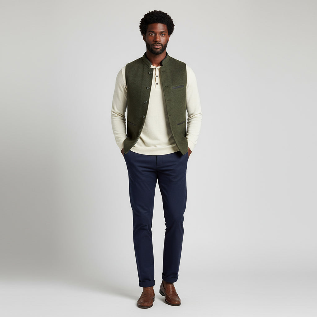 CONTRAST TRIM WAISTCOAT – OLIVE GREEN