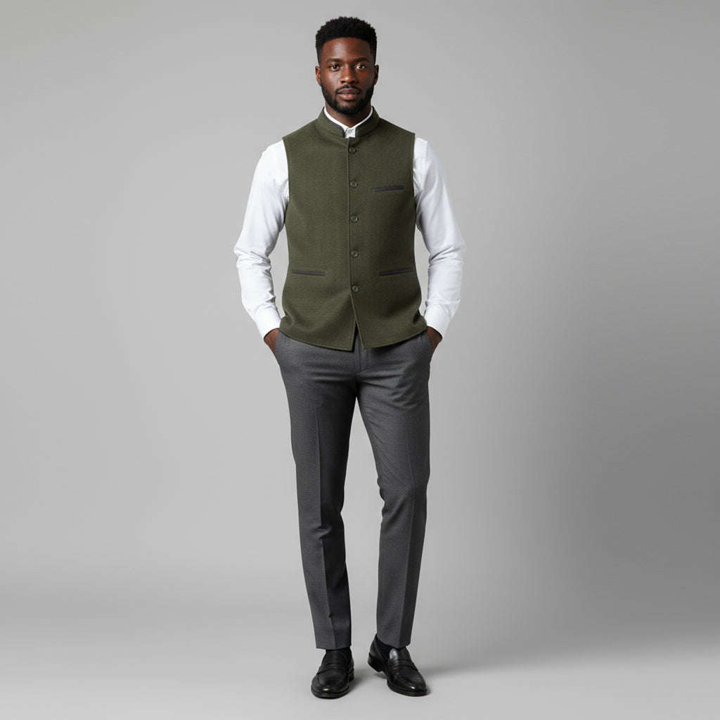 CONTRAST TRIM WAISTCOAT – OLIVE GREEN