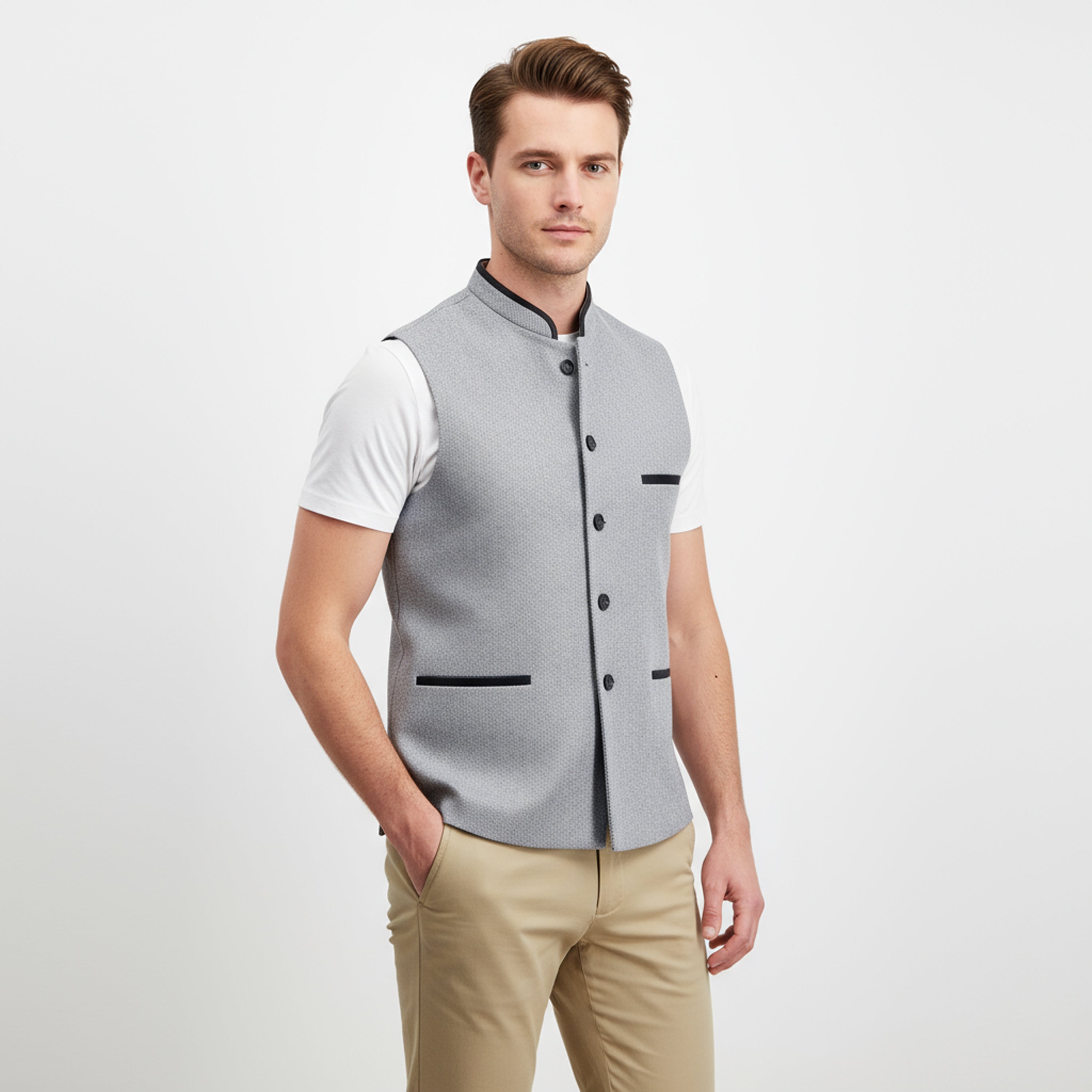 CONTRAST TRIM WAISTCOAT – STEEL BLUE
