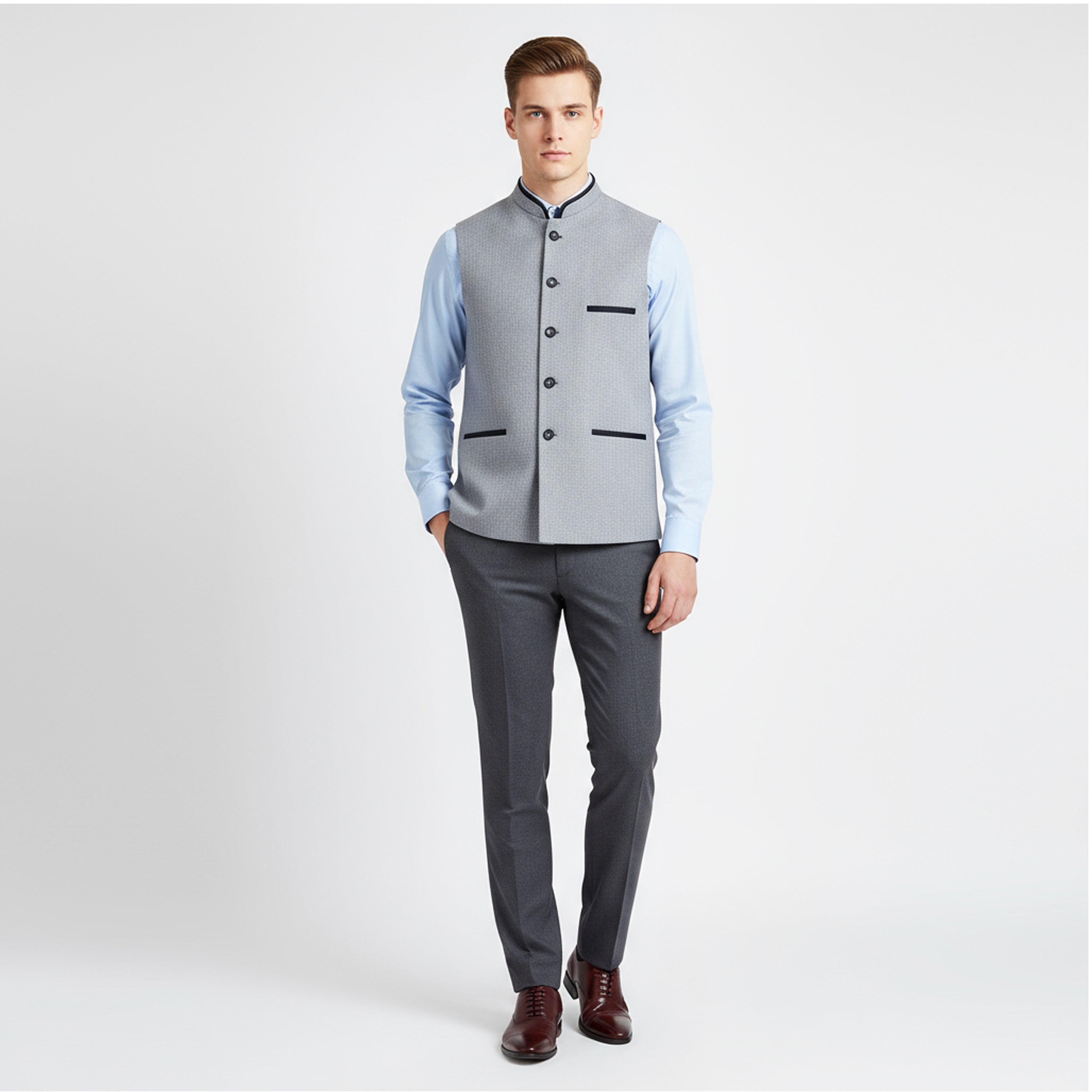 CONTRAST TRIM WAISTCOAT – STEEL BLUE
