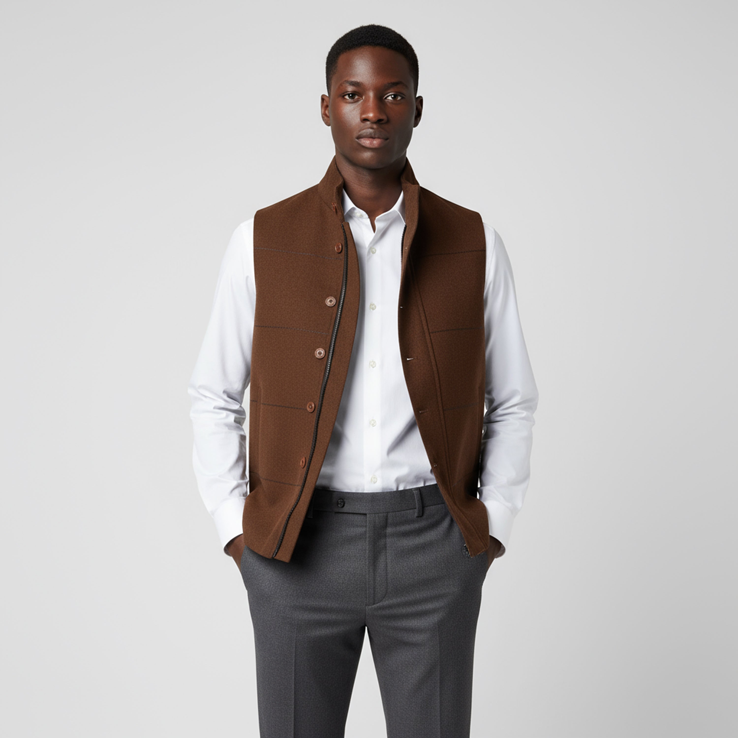DUAL CLOSURE WAISTCOAT – CHESTNUT BROWN