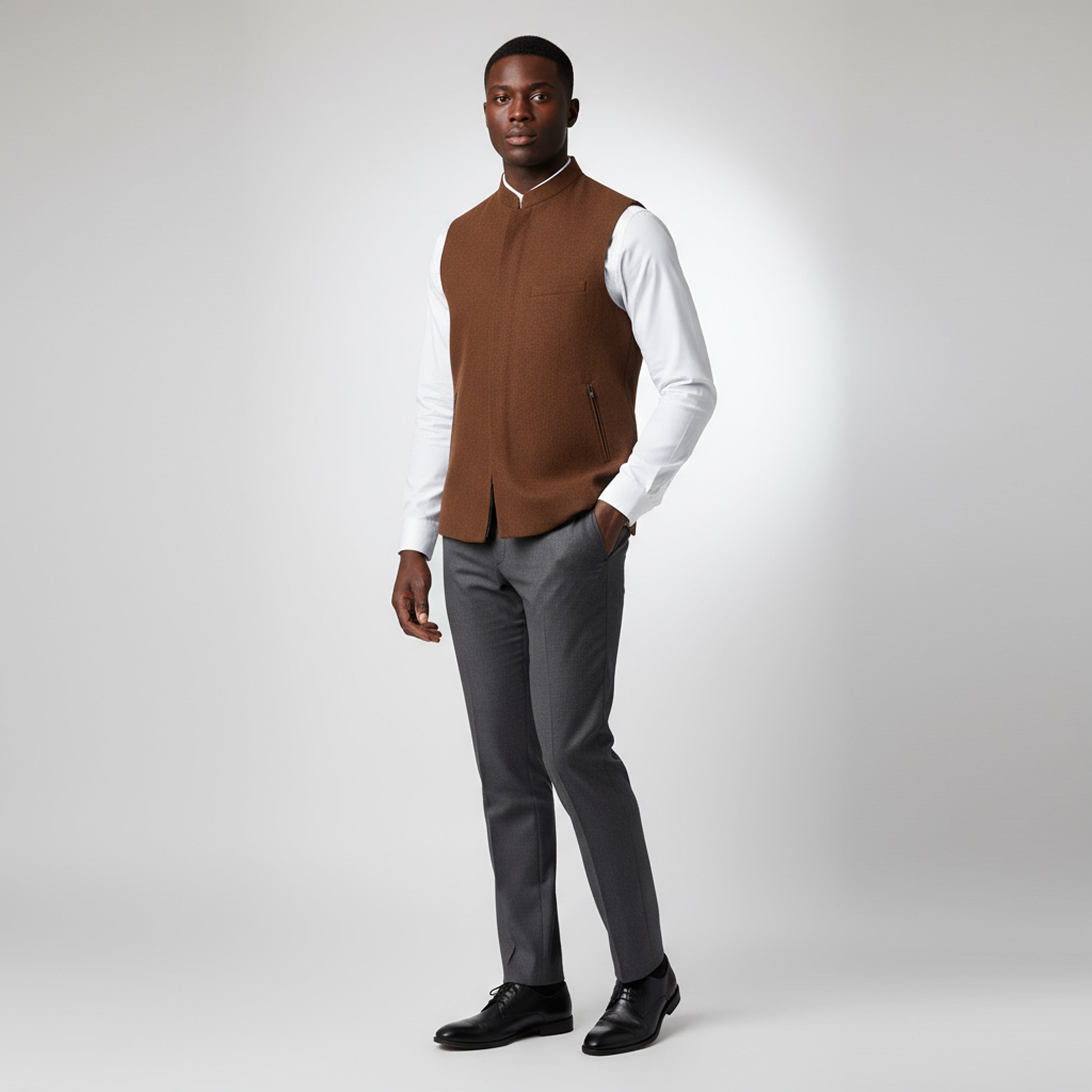 Panel Front Zip Waistcoat – Mocha Brown | Premium Men's Formal