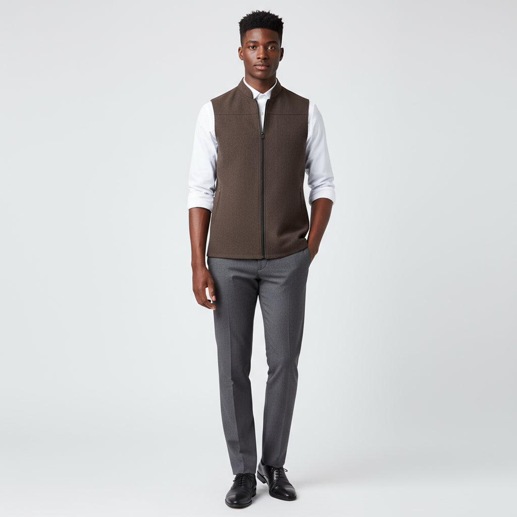 PANEL FRONT ZIP WAISTCOAT – MOCHA BROWN