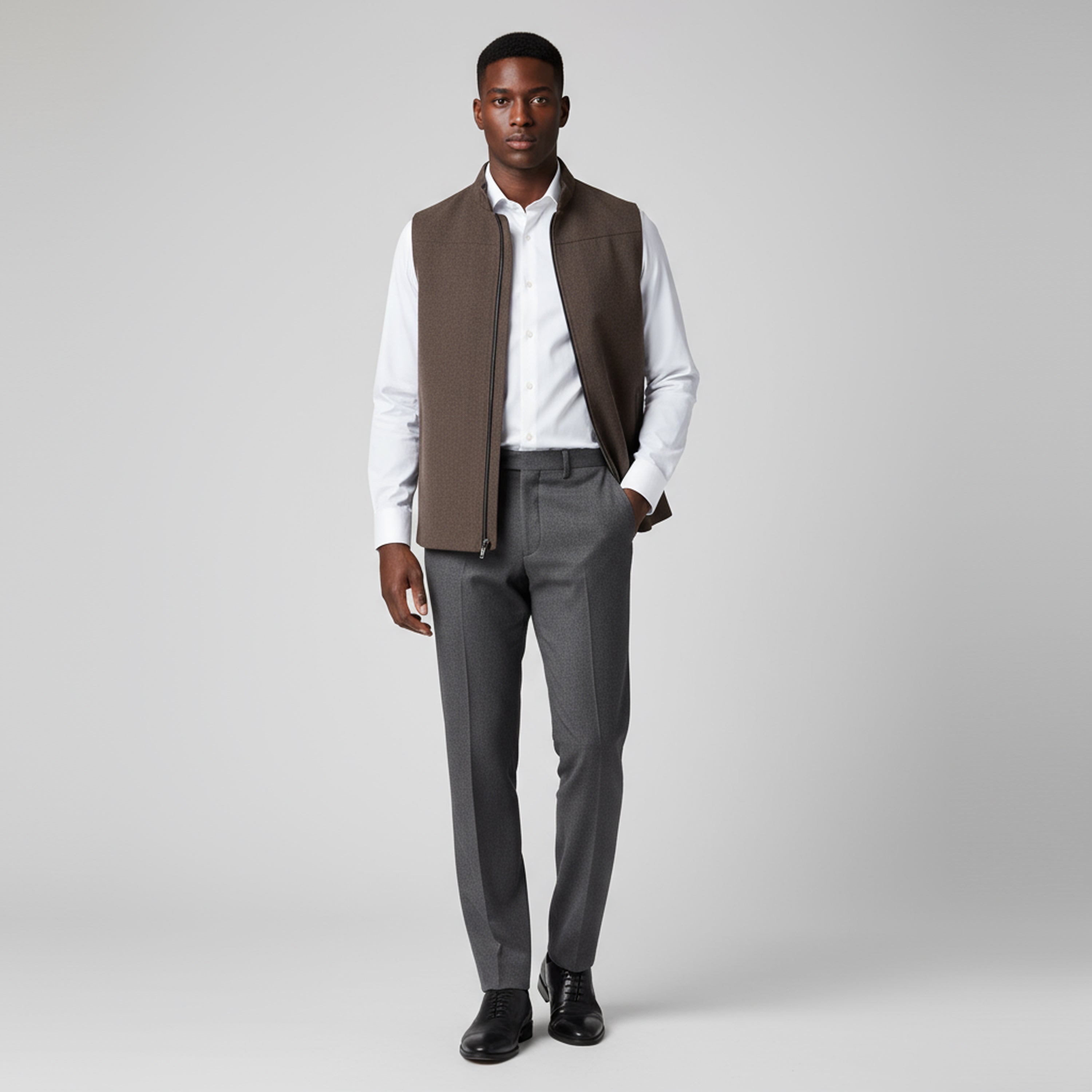 Panel Front Zip Waistcoat – Mocha Brown | Premium Men's Formal