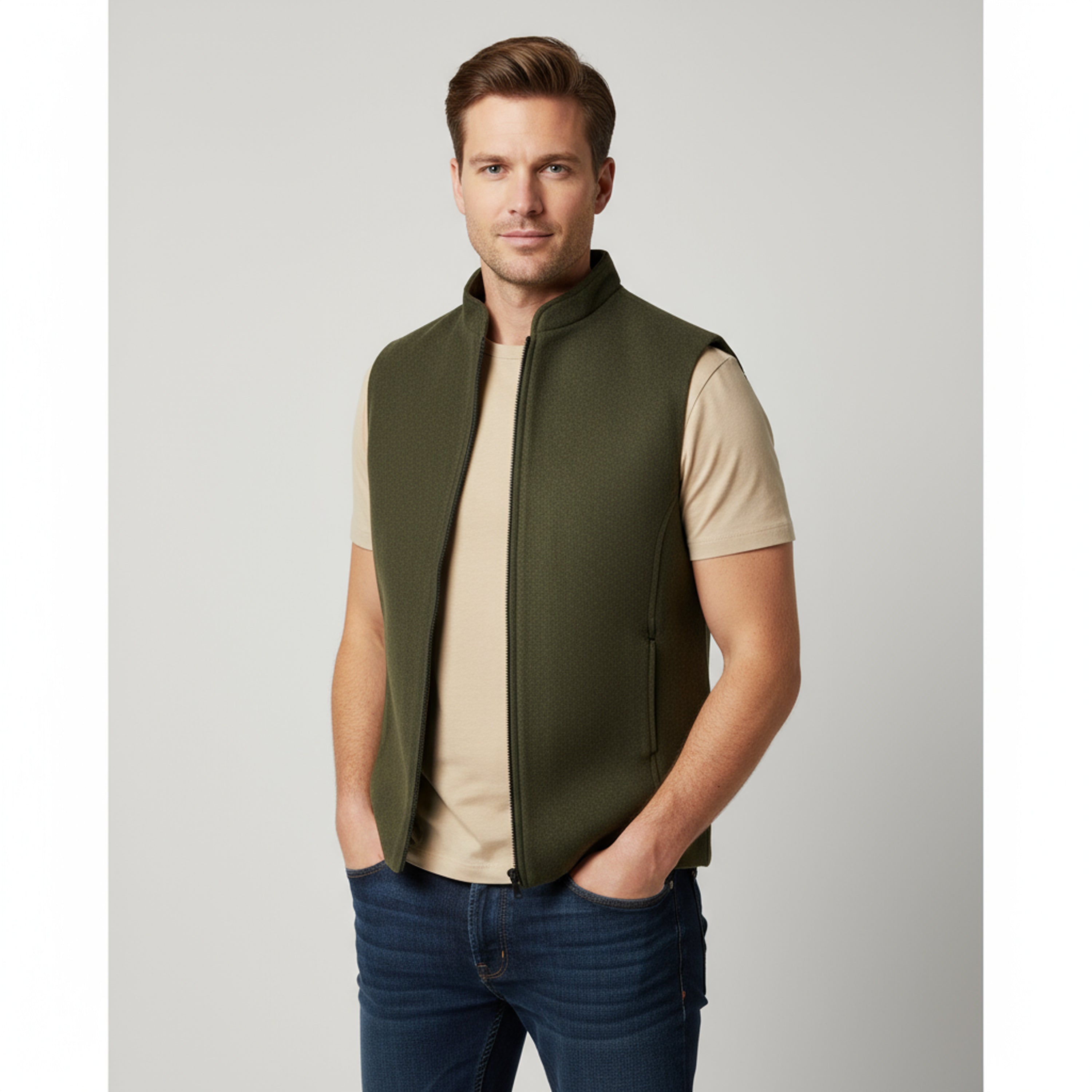 Refined Arc Panel Zip Waistcoat – Olive Green | Premium Men's