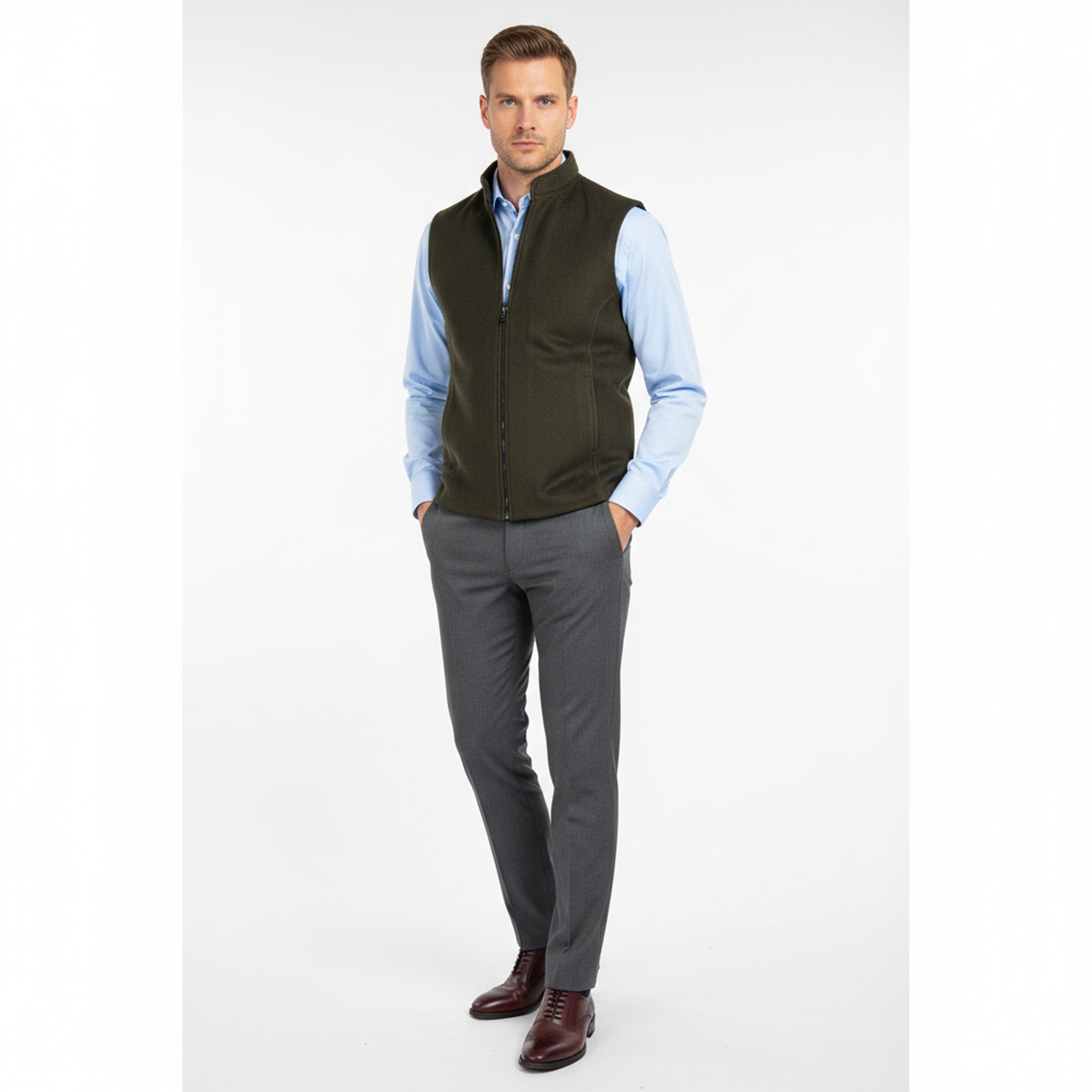 Refined Arc Panel Zip Waistcoat – Olive Green | Premium Men's