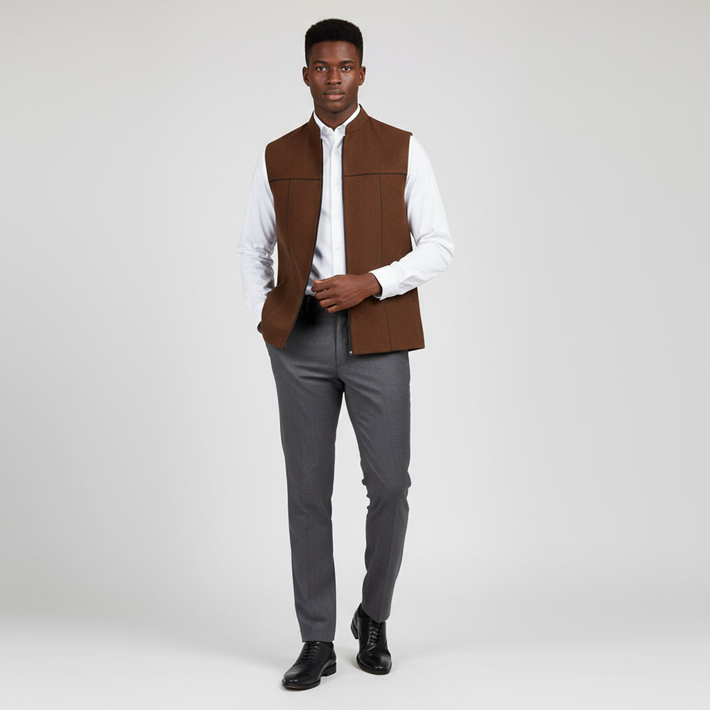 SCULPTED ZIP WAISTCOAT – CHESTNUT BROWN