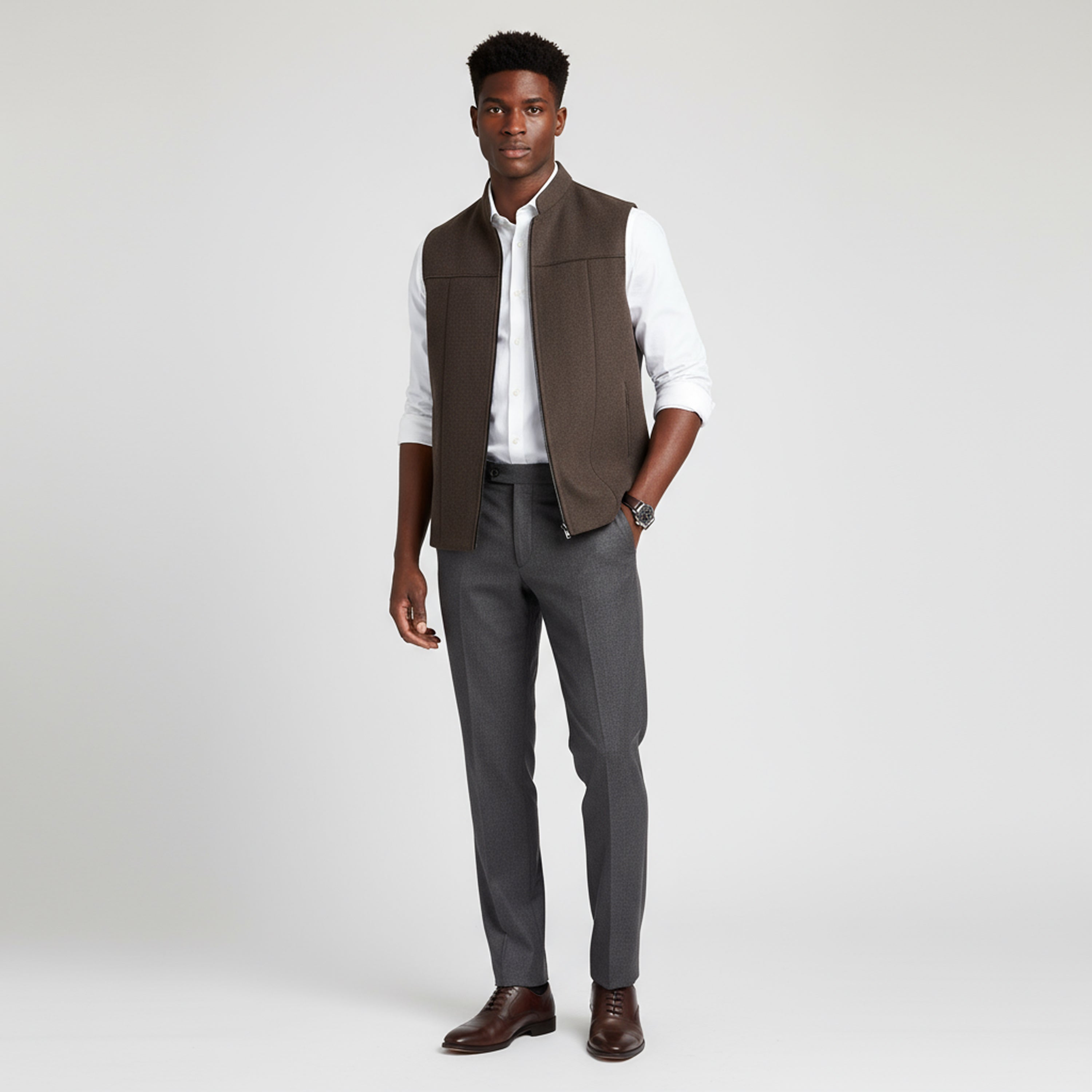 SHADOW YOKE ZIP WAISTCOAT – MOCHA BROWN